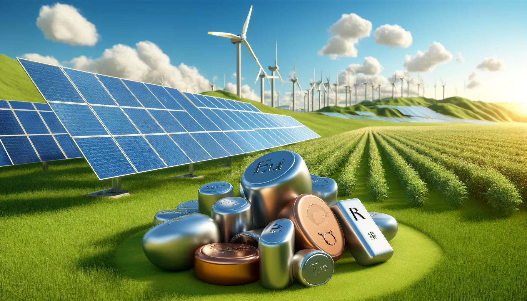 the significant role of metals in renewable energy technologies, which are symbolized by a large wind turbine and solar panels set in a lush green field under a clear blue sky.