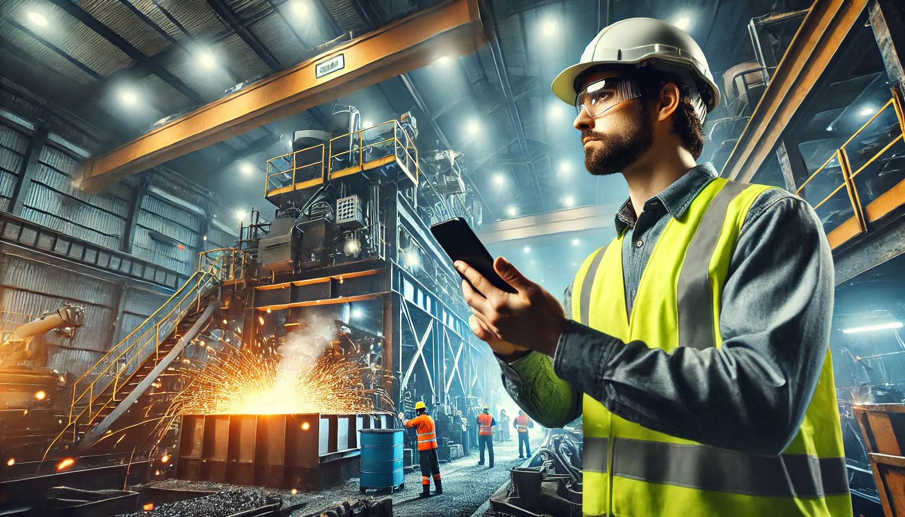A worker in safety gear, including a helmet, safety glasses, and a high-visibility vest, uses his smartphone in a bustling metal-producing manufacturing facility with large industrial machinery, sparks flying, and molten metal being poured.
