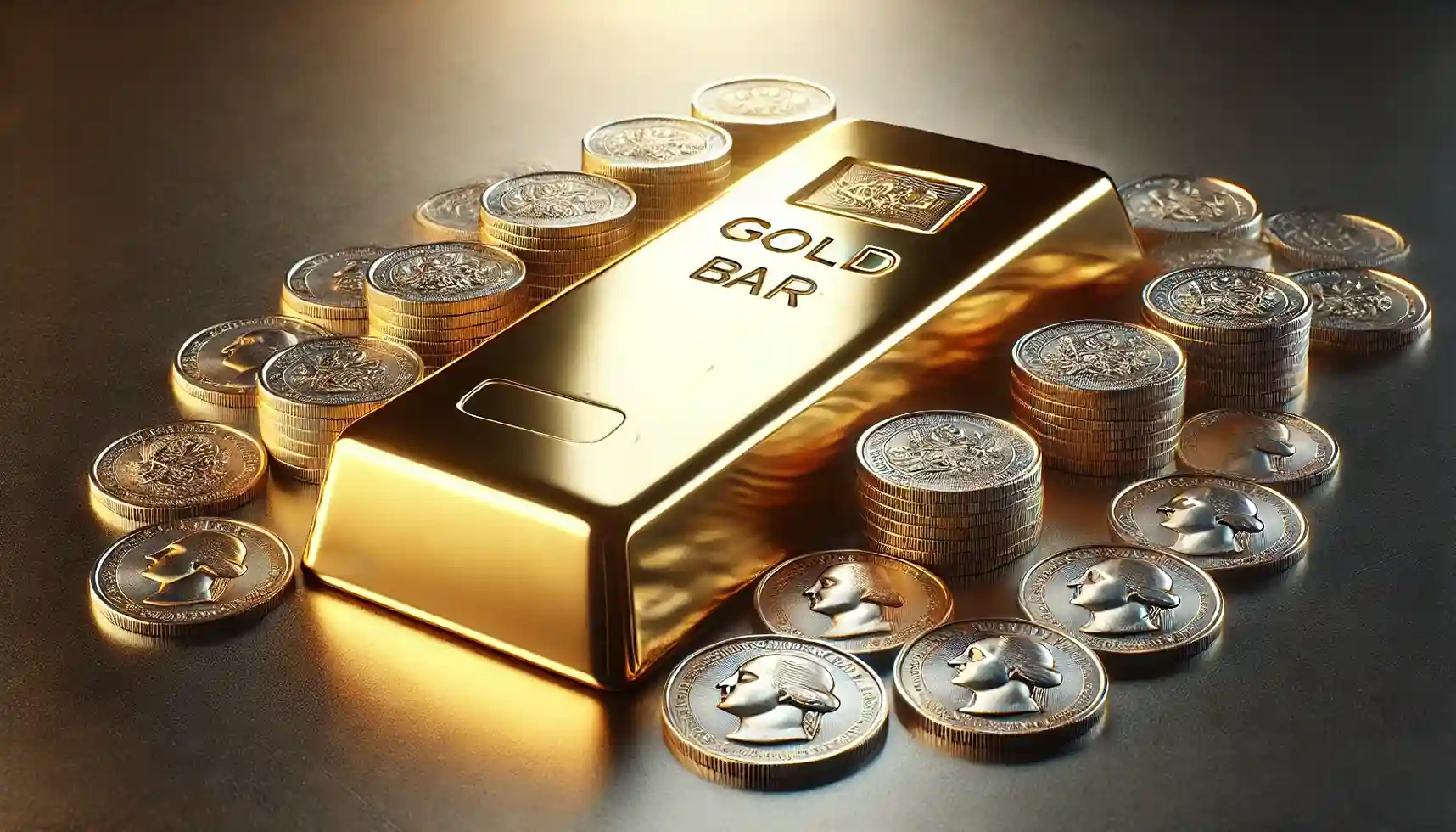 A shiny gold bar surrounded by silver coins, symbolizing investments in precious metals.