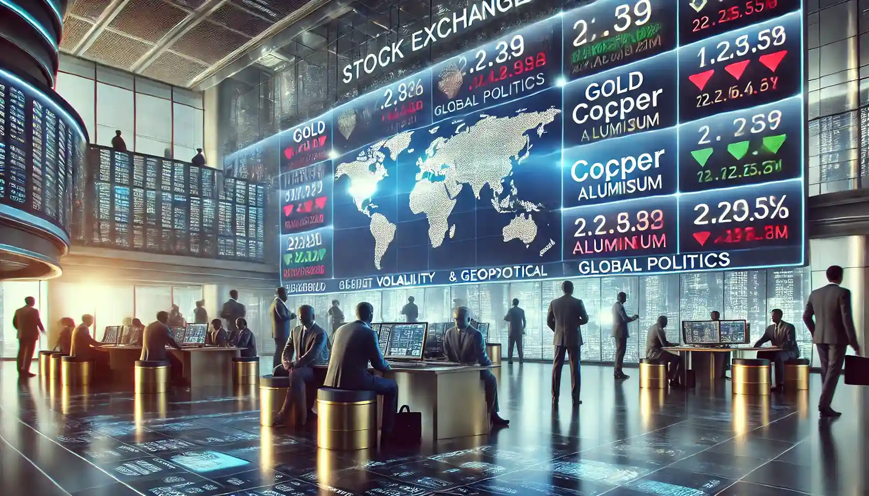 a bustling stock exchange floor with traders actively monitoring metal prices influenced by global politics.